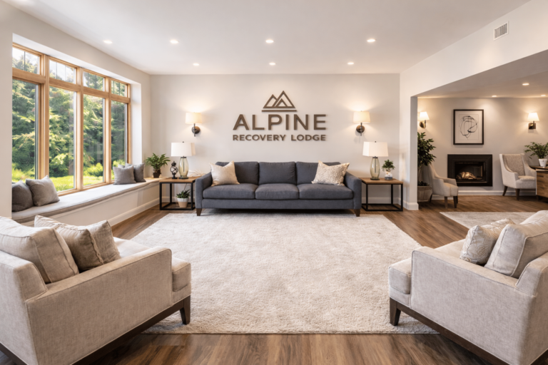 Lobby with a sitting area and an Alpine Recovery Lodge sign on the wall above a gray sofa
