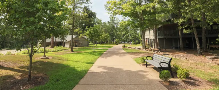 Paved walkway lined with trees and grass leading past wooded cabins, with a bench on the right