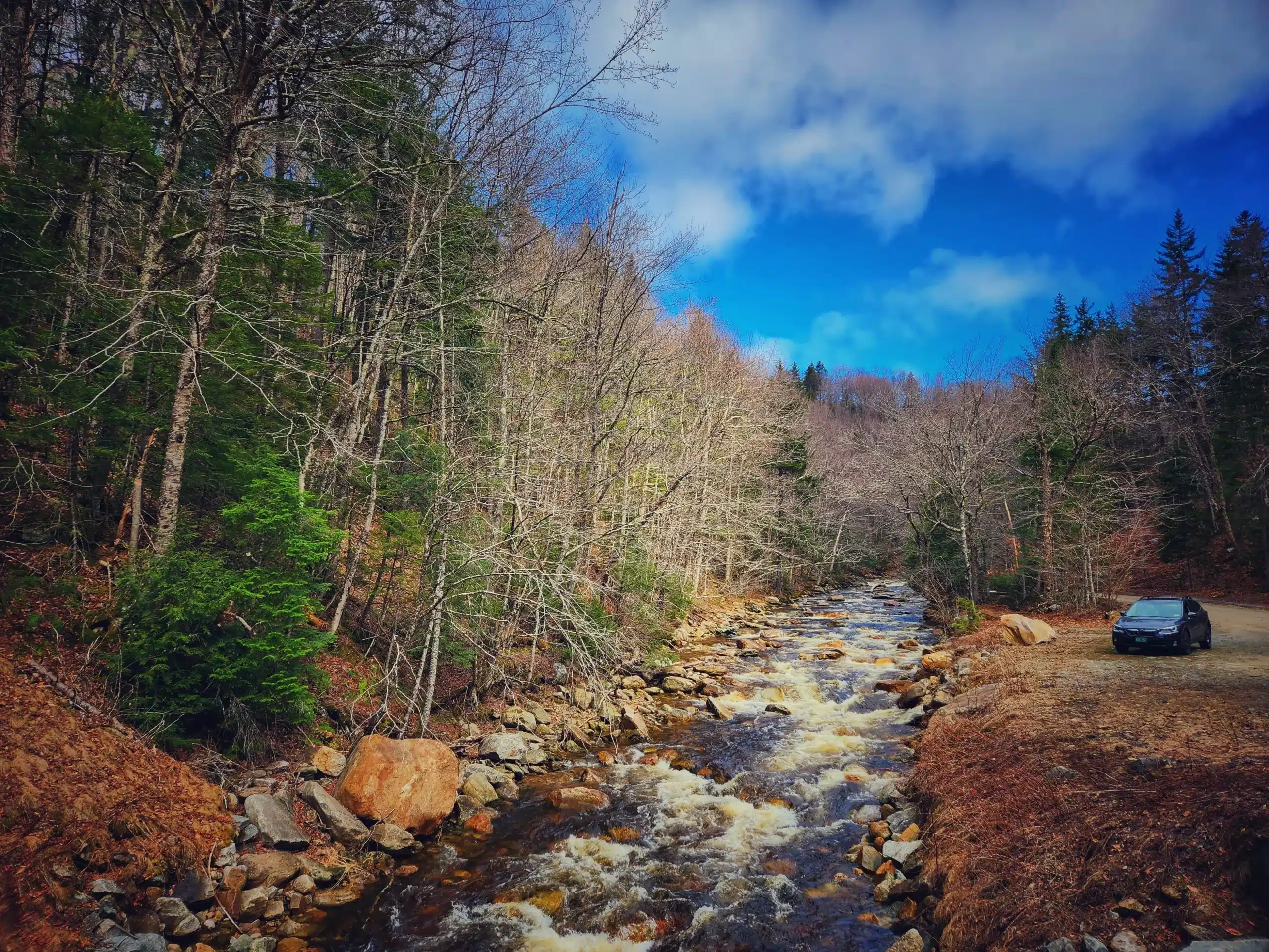 Rocky river flowing through a forest beside a road with a parked car under a blue sky