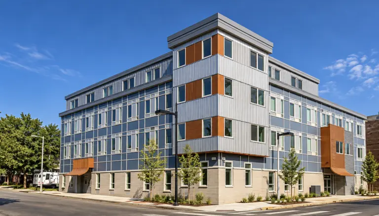 Five-story building with blue panels, metal siding, and wood-toned accents on a city street with young trees
