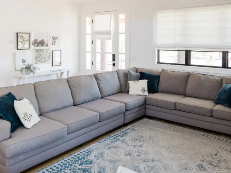 Bright living room with a gray sectional sofa, teal throw pillows, and a blue patterned rug
