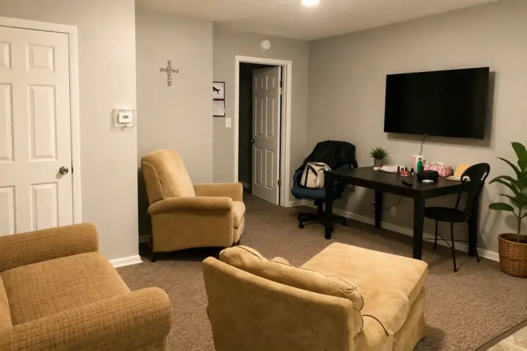 Living room with armchairs, a wall-mounted TV and a desk in a recovery housing space