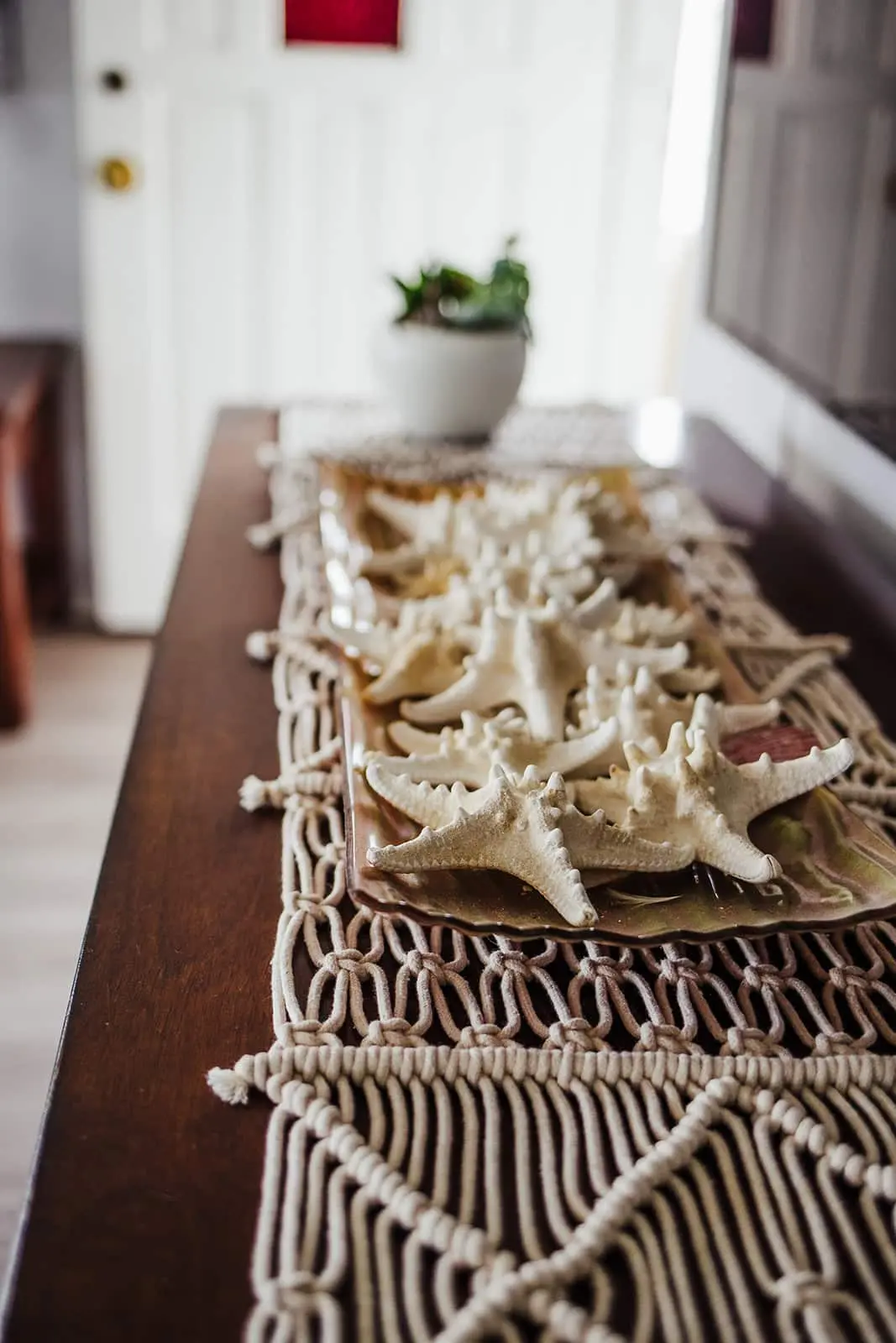 Wooden table with a macrame runner, starfish, and a potted plant in a bright room