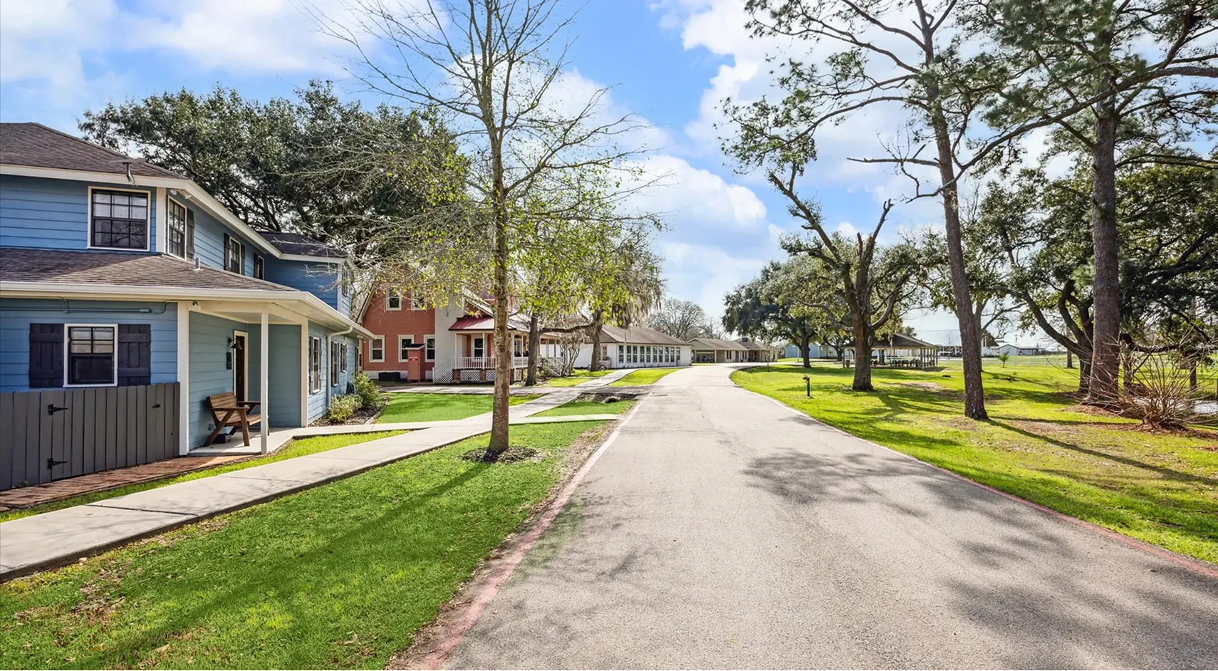 Tree-lined campus drive past blue and red cottage-style buildings with green lawns