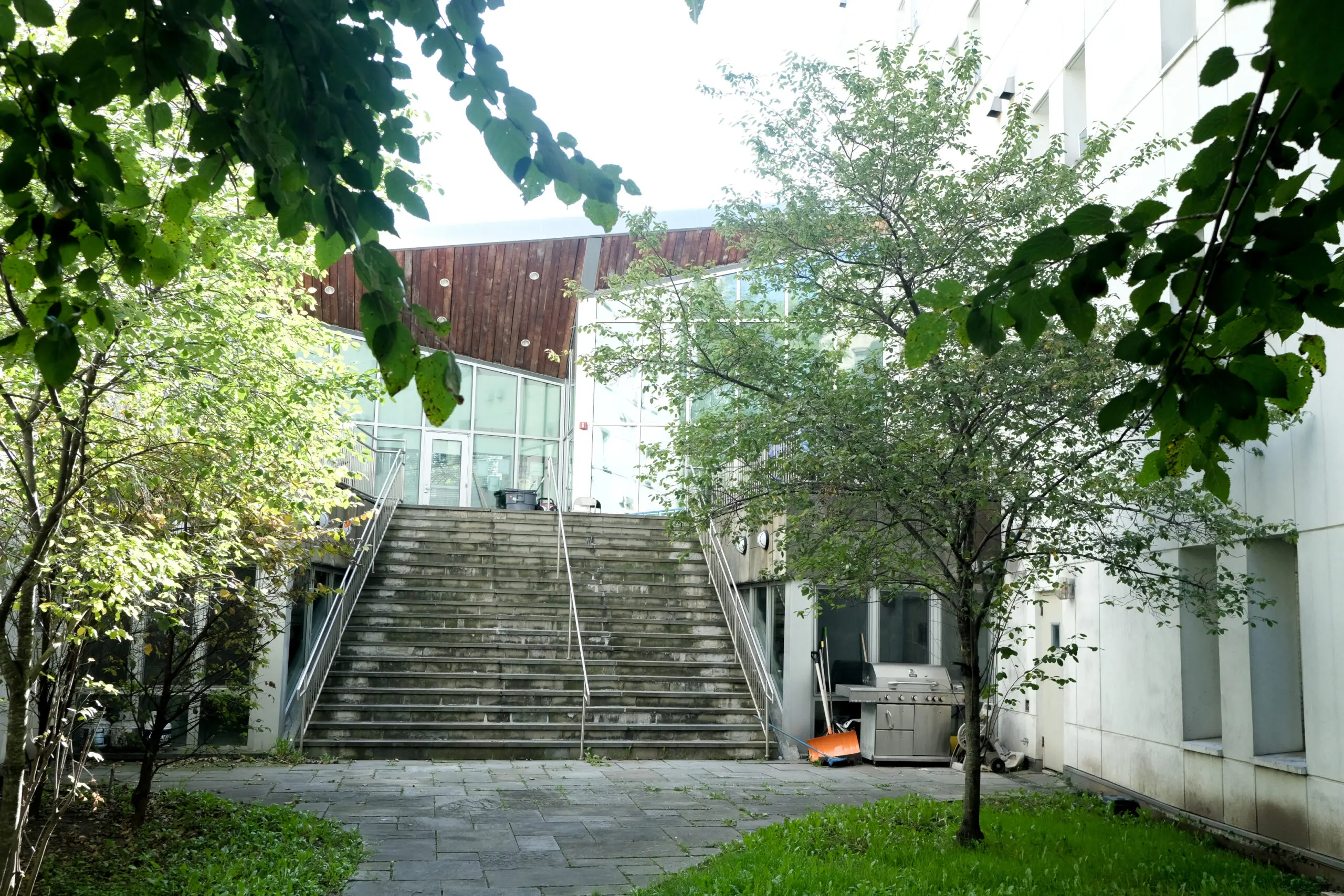 Courtyard with a wide concrete staircase leading up to a glass-fronted building entrance