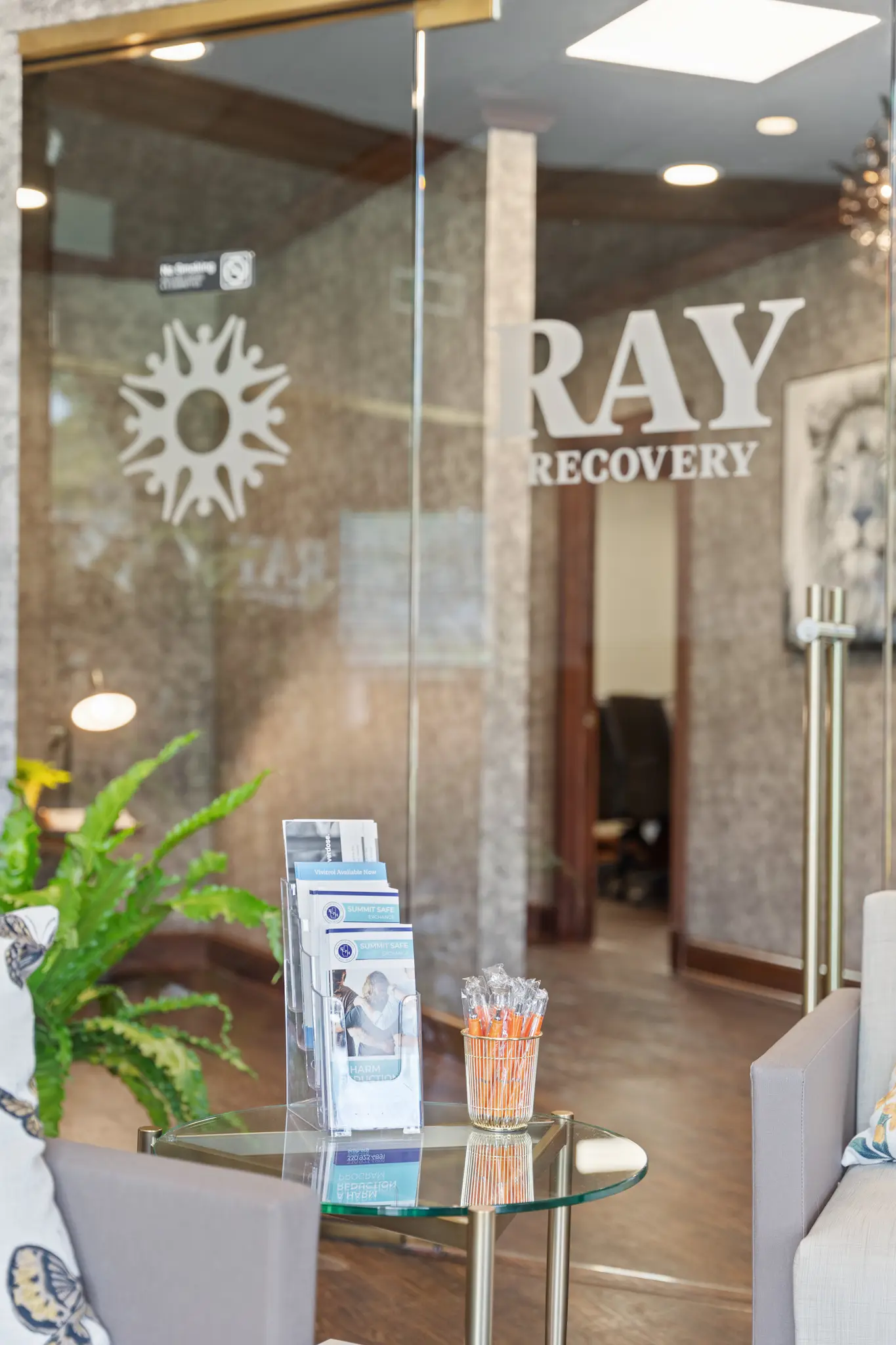 Glass entry doors with RAY Recovery wordmark over a lobby with plants and brochures