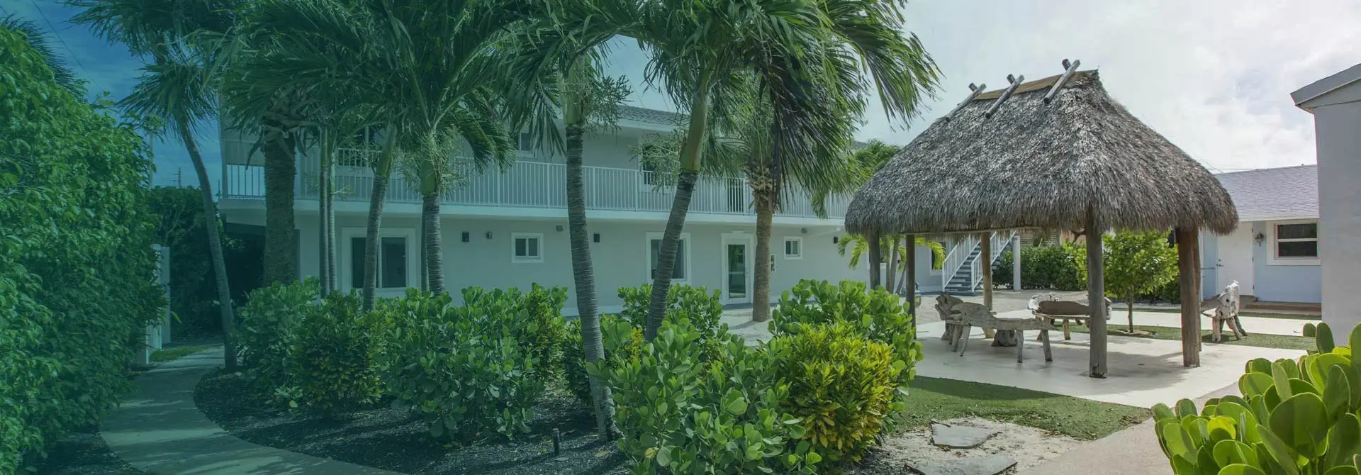 Palm-lined two-story white building and thatched palapa on the Singer Island Health campus grounds