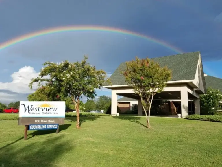 Westview Behavioral Health Services sign at 800 Main Street in front of a building under a rainbow